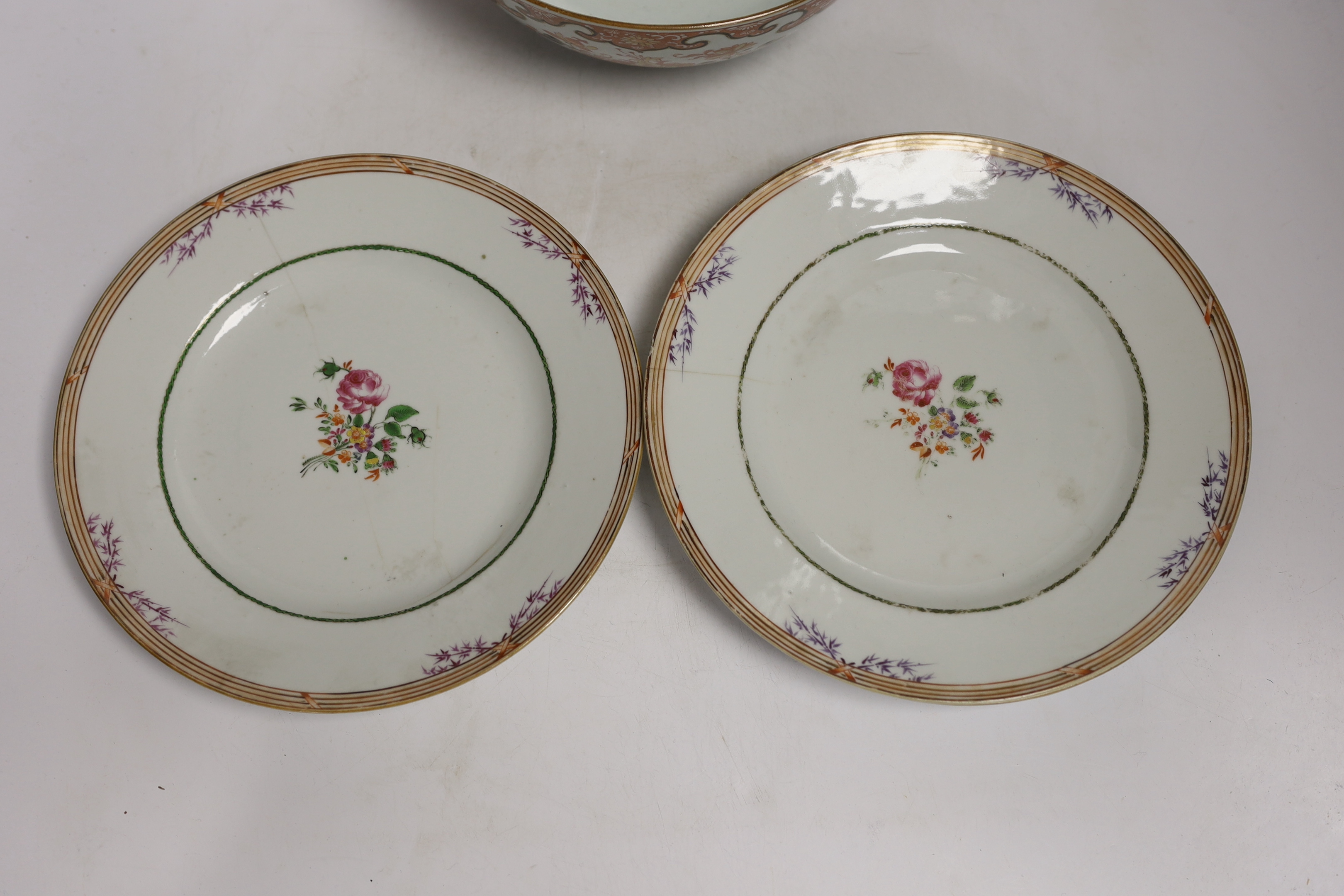 An 18th/19th century Chinese bowl and five plates, bowl 10cm high